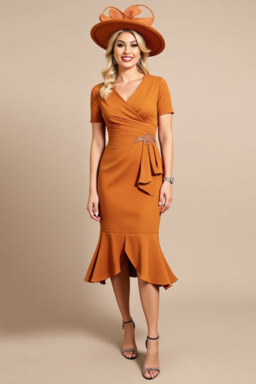 Orange Sheath V Neck Midi Mother Of The Bride Dress